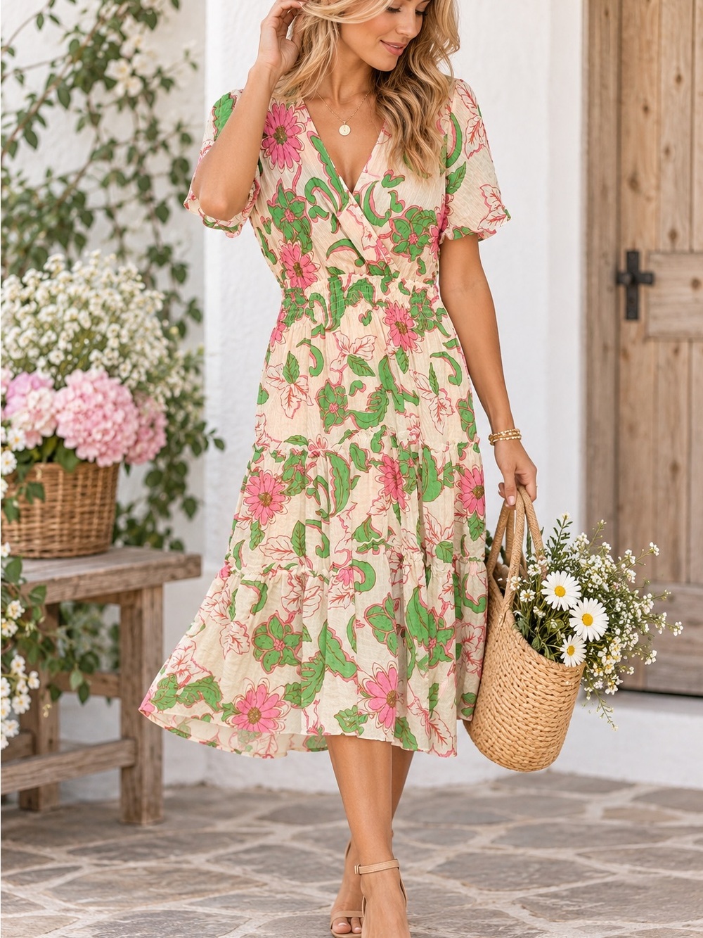 NWT Alex & Parker Floral Cottagecore Midi Dress Ruched Waist Medium